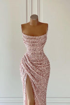 Gorgeous Pink Sequined Sleeveless Prom Dress With Slit
