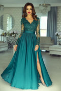 Gorgeous Prom Dress Lace Appliques Ball Dresses With Split Long Sleeve