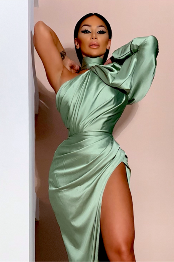 Gorgeous Puffy Prom Dress High Neck Party Dress With Split Long Sleeves