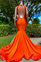 Gorgeous Sequined V-neck Sleeveless Stretch Satin Mermaid Prom Dress with Appliques