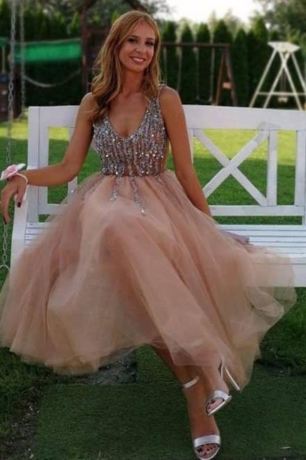 Gorgeous V Neck Peach Homecoming Dress Party Dress with Pearls