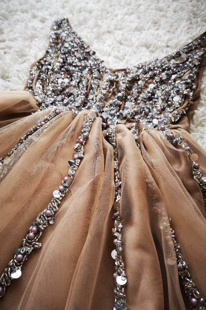 Gorgeous V Neck Peach Homecoming Dress Party Dress with Pearls