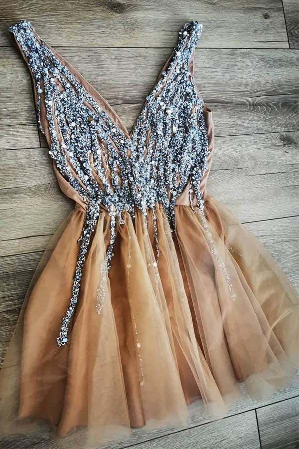 Gorgeous V Neck Peach Homecoming Dress Party Dress with Pearls