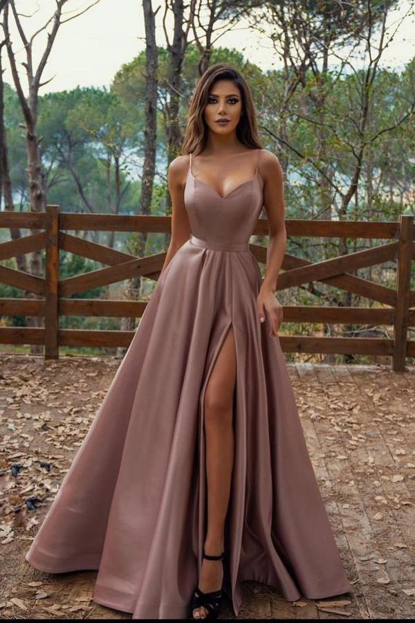 GorgeousV-Neck Prom Dress Long With Split Spaghetti-Straps