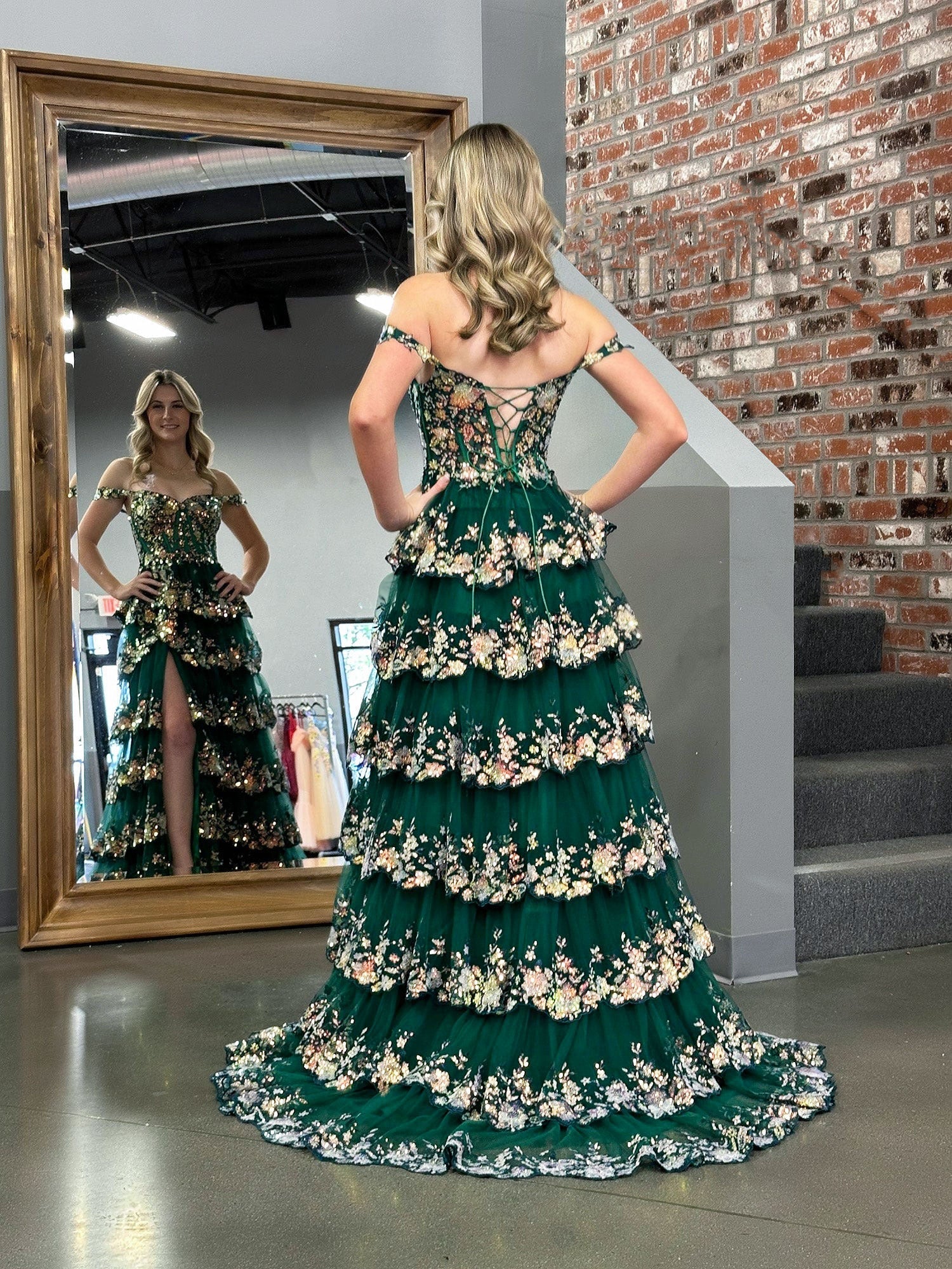 A Line Off the Shoulder Corset Prom Dress with Lace Ruffles