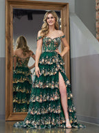 A Line Off the Shoulder Corset Prom Dress with Lace Ruffles
