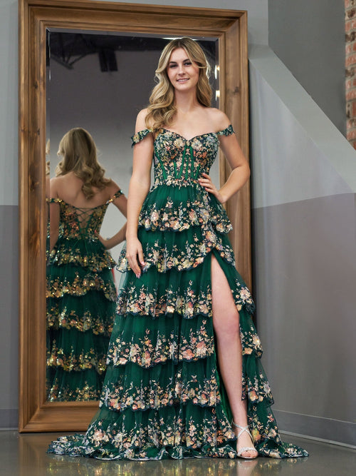 A Line Off the Shoulder Corset Prom Dress with Lace Ruffles