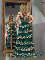 A Line Off the Shoulder Corset Prom Dress with Lace Ruffles