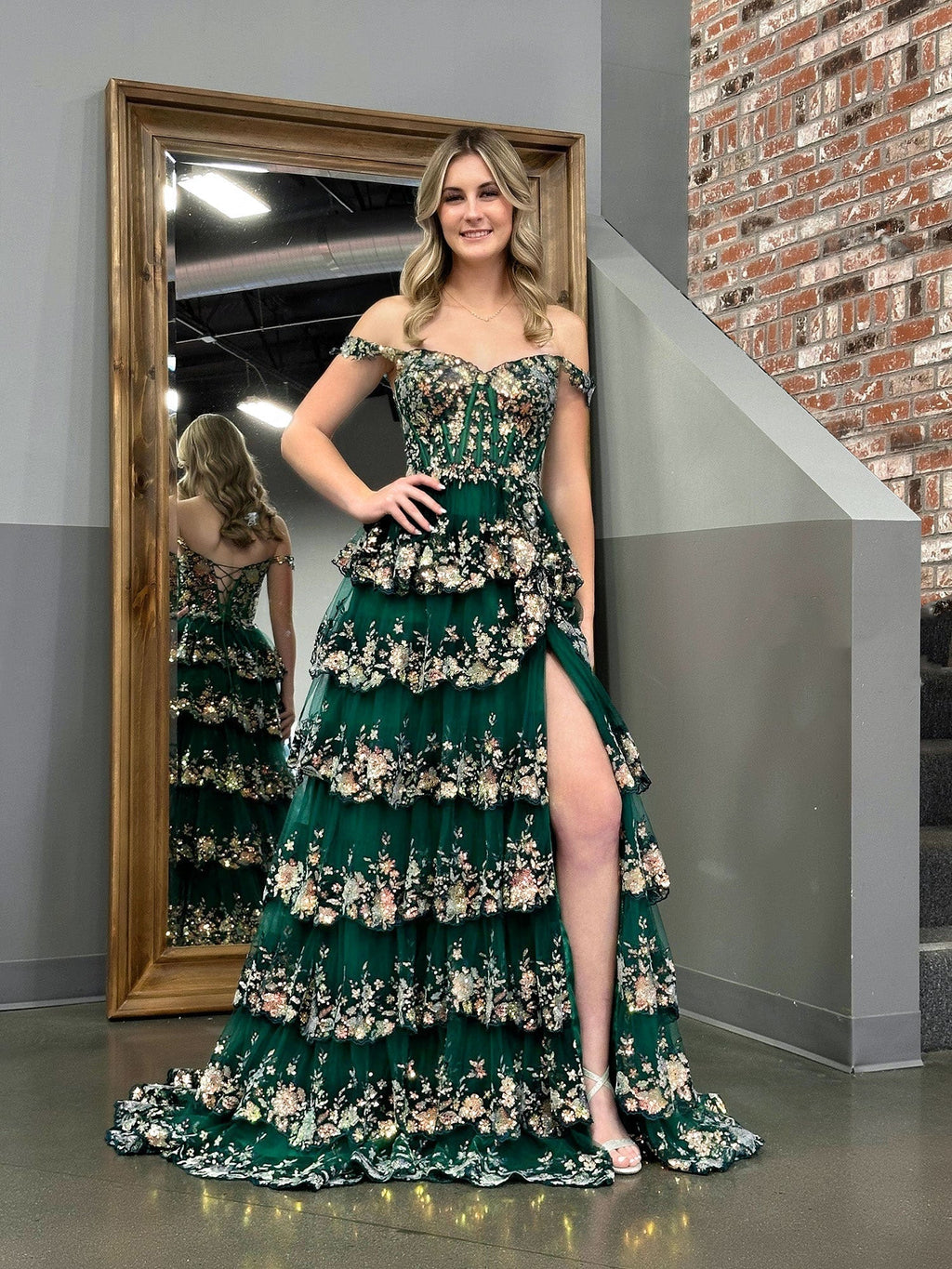 A Line Off the Shoulder Corset Prom Dress with Lace Ruffles