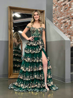 A Line Off the Shoulder Corset Prom Dress with Lace Ruffles