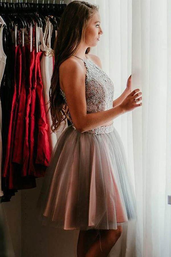 Short Two Piece Halter Homecoming Party Dress with Lace