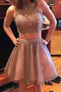 Short Two Piece Halter Homecoming Party Dress with Lace