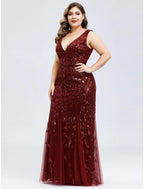 Mermaid / Trumpet Evening Gown Plus Size Dress Wedding Guest Engagement Floor Length Sleeveless V Neck Lace V Back with Appliques