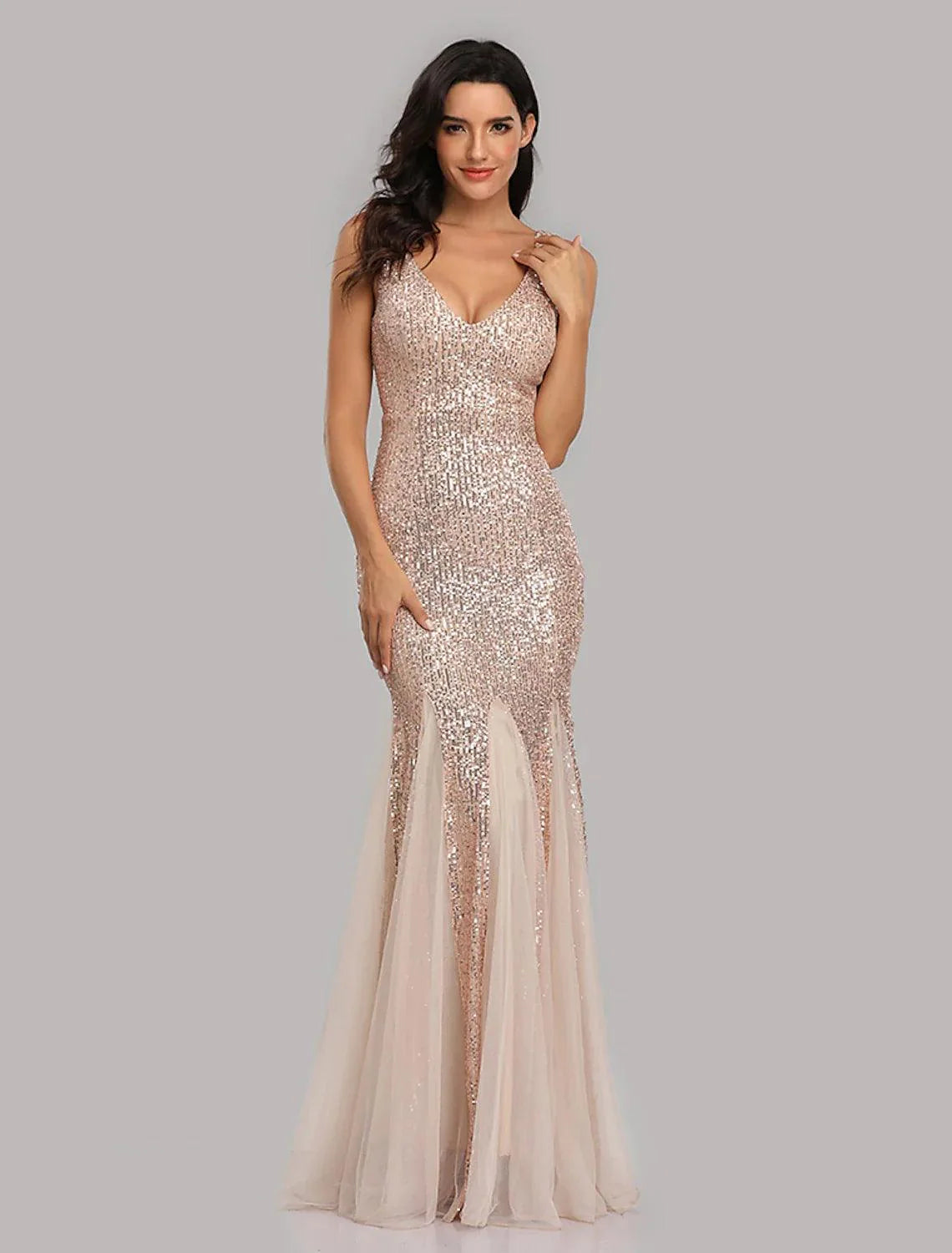 Mermaid / Trumpet Sparkle Sexy Party Wear Formal Evening Dress V Neck Sleeveless Floor Length Sequined with Sequin