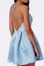 Halter Backless Lace Satin Homecoming Dresses Short Prom Dress
