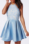 Halter Backless Lace Satin Homecoming Dresses Short Prom Dress