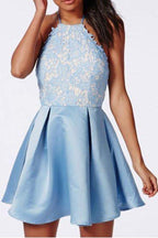 Halter Backless Lace Satin Homecoming Dresses Short Prom Dress