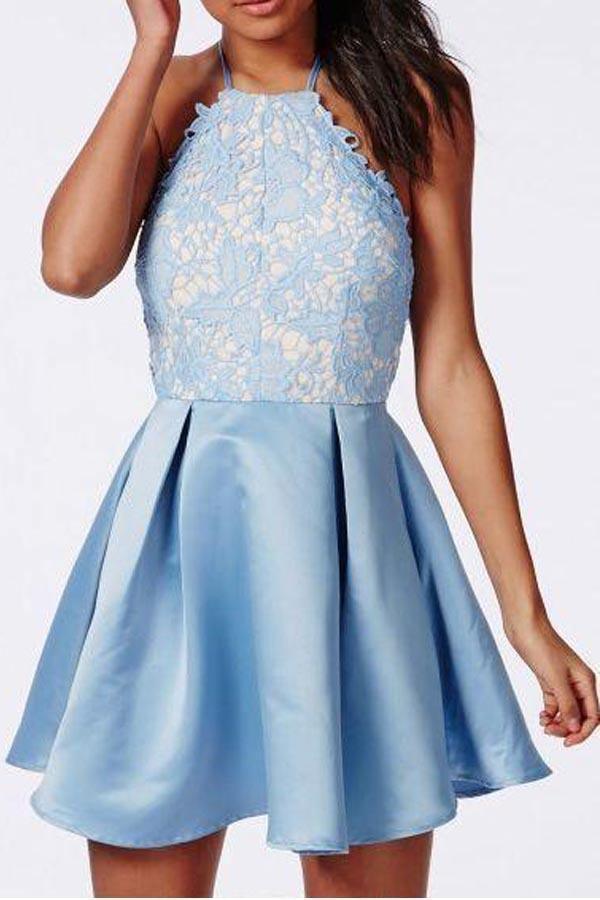 Halter Backless Lace Satin Homecoming Dresses Short Prom Dress