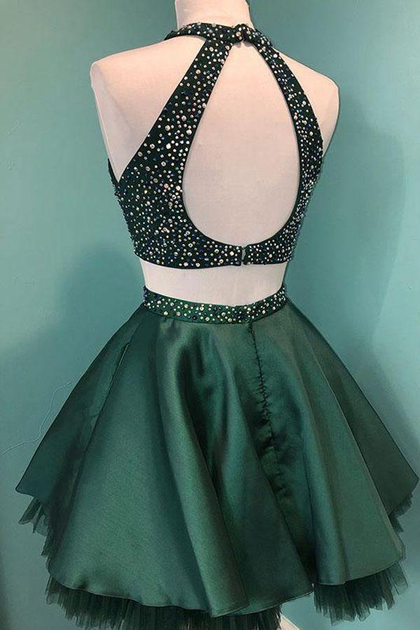 Halter Beaded Satin Two Piece Homecoming Dress Short Prom Dress