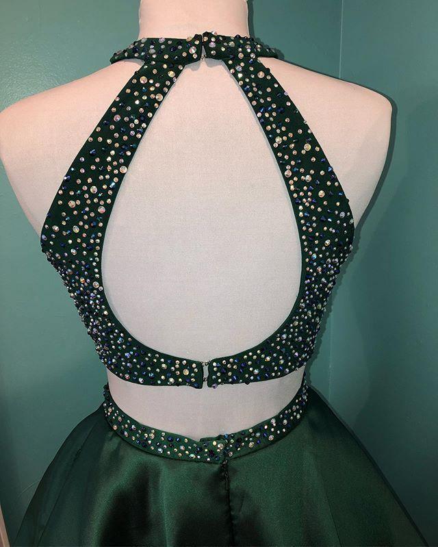 Halter Beaded Satin Two Piece Homecoming Dress Short Prom Dress