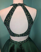 Halter Beaded Satin Two Piece Homecoming Dress Short Prom Dress