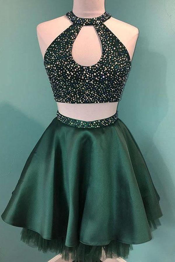 Halter Beaded Satin Two Piece Homecoming Dress Short Prom Dress
