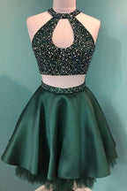 Halter Beaded Satin Two Piece Homecoming Dress Short Prom Dress