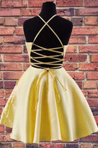 Halter Embroidered Satin Homecoming Dress with Pockets