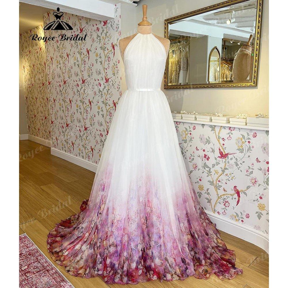 Halter Neck Chiffon A Line Garden Floral Print Wedding Dress Open Back Pleats Wedding Gowns for Bridal sukienka na wesele