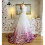 Halter Neck Chiffon A Line Garden Floral Print Wedding Dress Open Back Pleats Wedding Gowns for Bridal sukienka na wesele