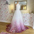 Halter Neck Chiffon A Line Garden Floral Print Wedding Dress Open Back Pleats Wedding Gowns for Bridal sukienka na wesele