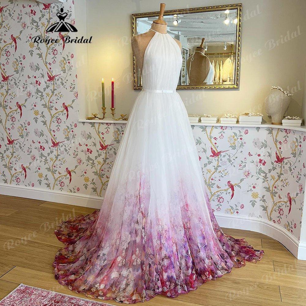 Halter Neck Chiffon A Line Garden Floral Print Wedding Dress Open Back Pleats Wedding Gowns for Bridal sukienka na wesele