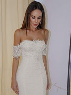 Trumpet/Mermaid Off-the-Shoulder Short Sleeves Lace Applique Court Train Wedding Dresses