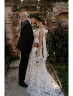 Engagement Formal Wedding Dresses Sweep / Brush Train Mermaid / Trumpet Long Sleeve V Neck Lace With Appliques