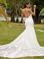 Sheath/Column Stretch Crepe Lace Scoop Sleeveless Cathedral Train Wedding Dresses