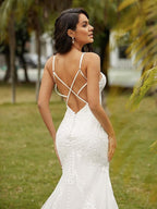 Sheath/Column Stretch Crepe Lace Scoop Sleeveless Cathedral Train Wedding Dresses