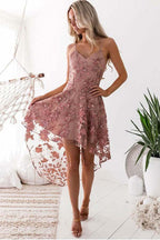 High Low Homecoming Dresses Spaghetti Straps Lace Short Prom Dress