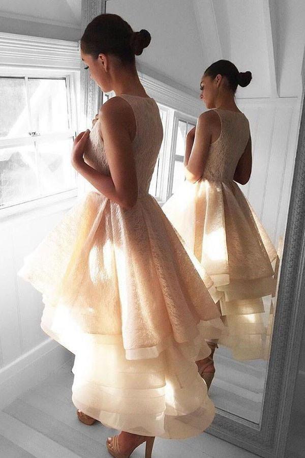 High Low Peach Lace Short Homecoming Dress Party Dresses
