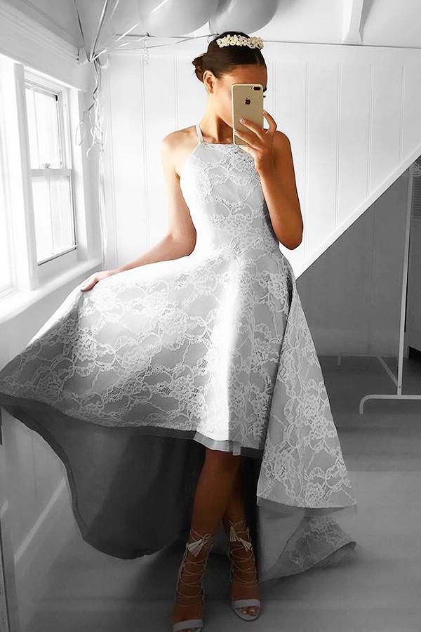 High-Low Sleeveless Grey Satin Prom Dress Evening Dress with Lace