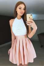 High Neck Backless Short Pleated Homecoming Dress with Lace Bodice