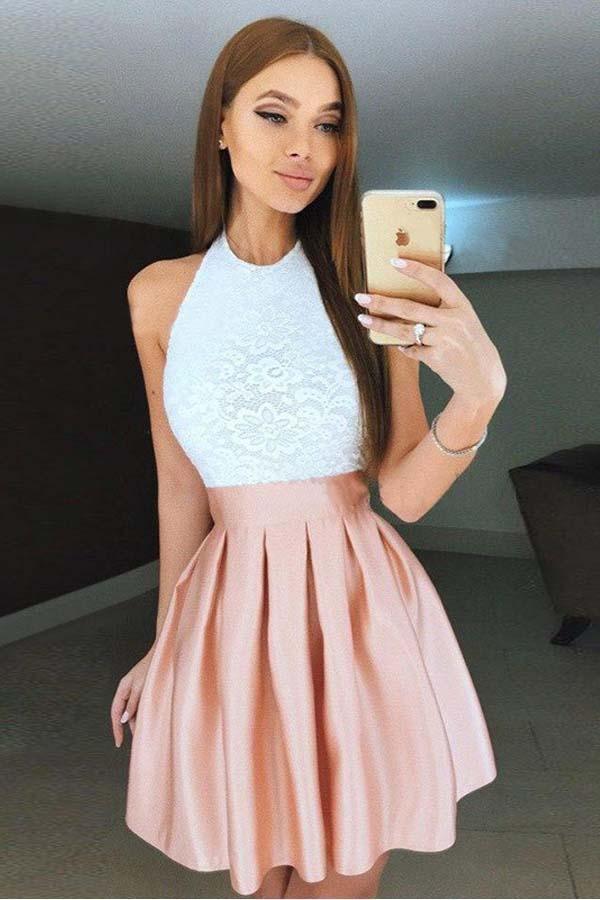 High Neck Backless Short Pleated Homecoming Dress with Lace Bodice