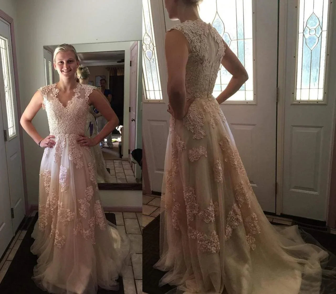 High Quality V-neck Sleeveless Floor-Length Wedding Dress with Lace
