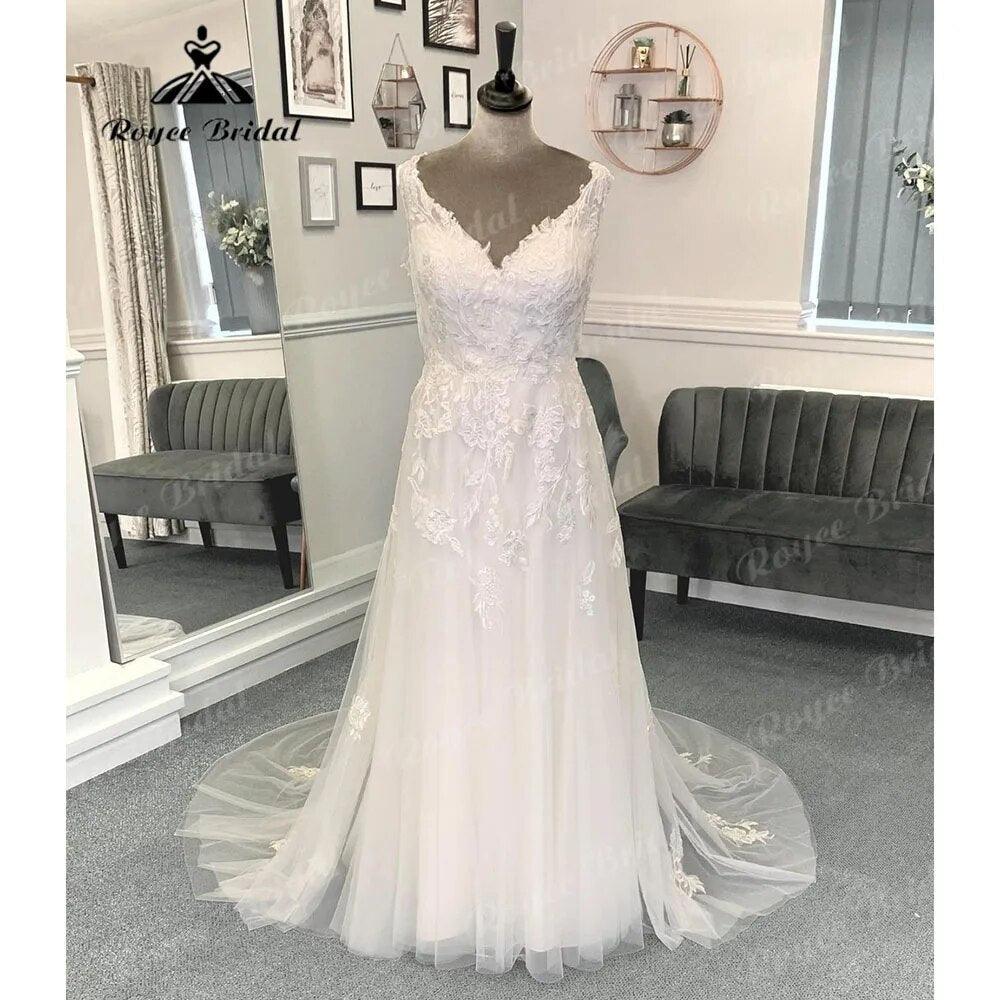 Hochzeitskleid Vinatge Beach Lace Appliques Boho Wedding Dress with V Neck Summer Bridal Gown Custom Made abito da sposa