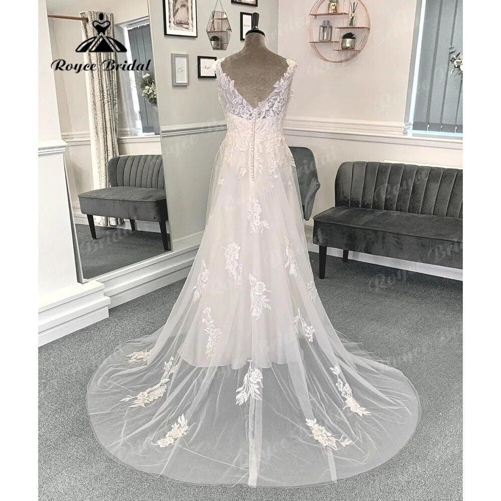Hochzeitskleid Vinatge Beach Lace Appliques Boho Wedding Dress with V Neck Summer Bridal Gown Custom Made abito da sposa