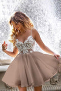 Homecoming Dress Lace Bodice Spaghetti Straps V Neck Mini Party Dresses