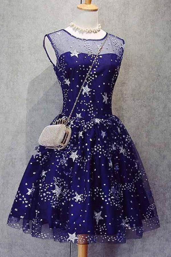 Homecoming Dress Tulle Sleeveless Stars Short Prom Dress Party Dress