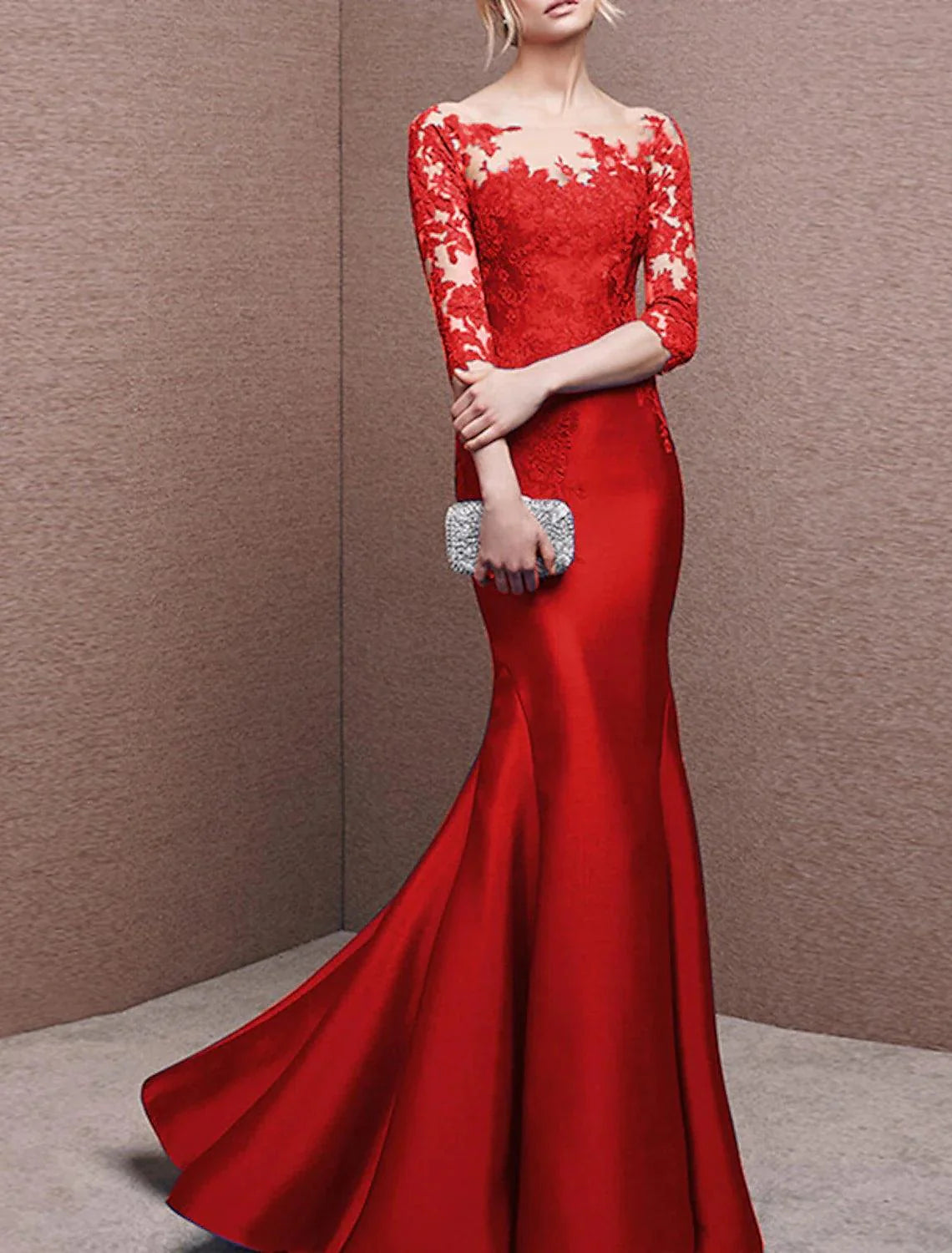 Mermaid / Trumpet Evening Gown Elegant Dress Formal Wedding Guest Sweep / Brush Train 3/4 Length Sleeve Off Shoulder Satin with Buttons Pleats Appliques