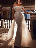 Mermaid / Trumpet Evening Gown Luxurious Dress Wedding Party Sweep / Brush Train Short Sleeve Off Shoulder Detachable Sequined with Overskirt