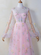Illusion Neck Floor Length Tulle Pink Prom Dress