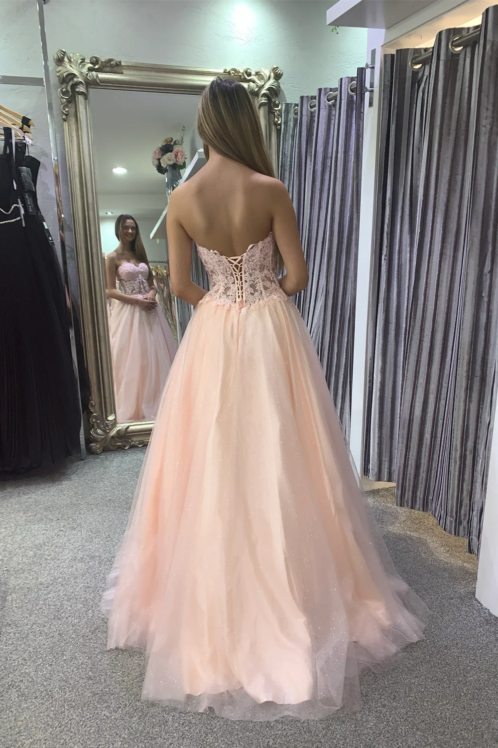A Line Sweetheart Pink Corset Prom Dress with Appliques